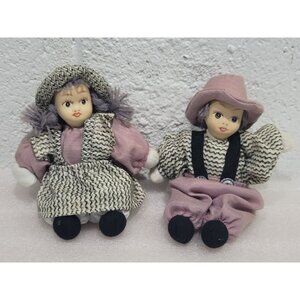 Vintage Boy Girl Bisque Head Fabric Body Dolls Weighted 5" Painted Face